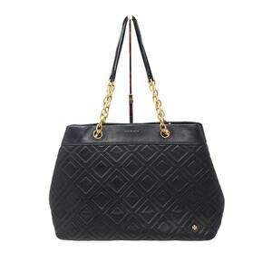Tory Burch Fleming Triple Compartment Chain-Link Leather Tote Bag Quilted Black